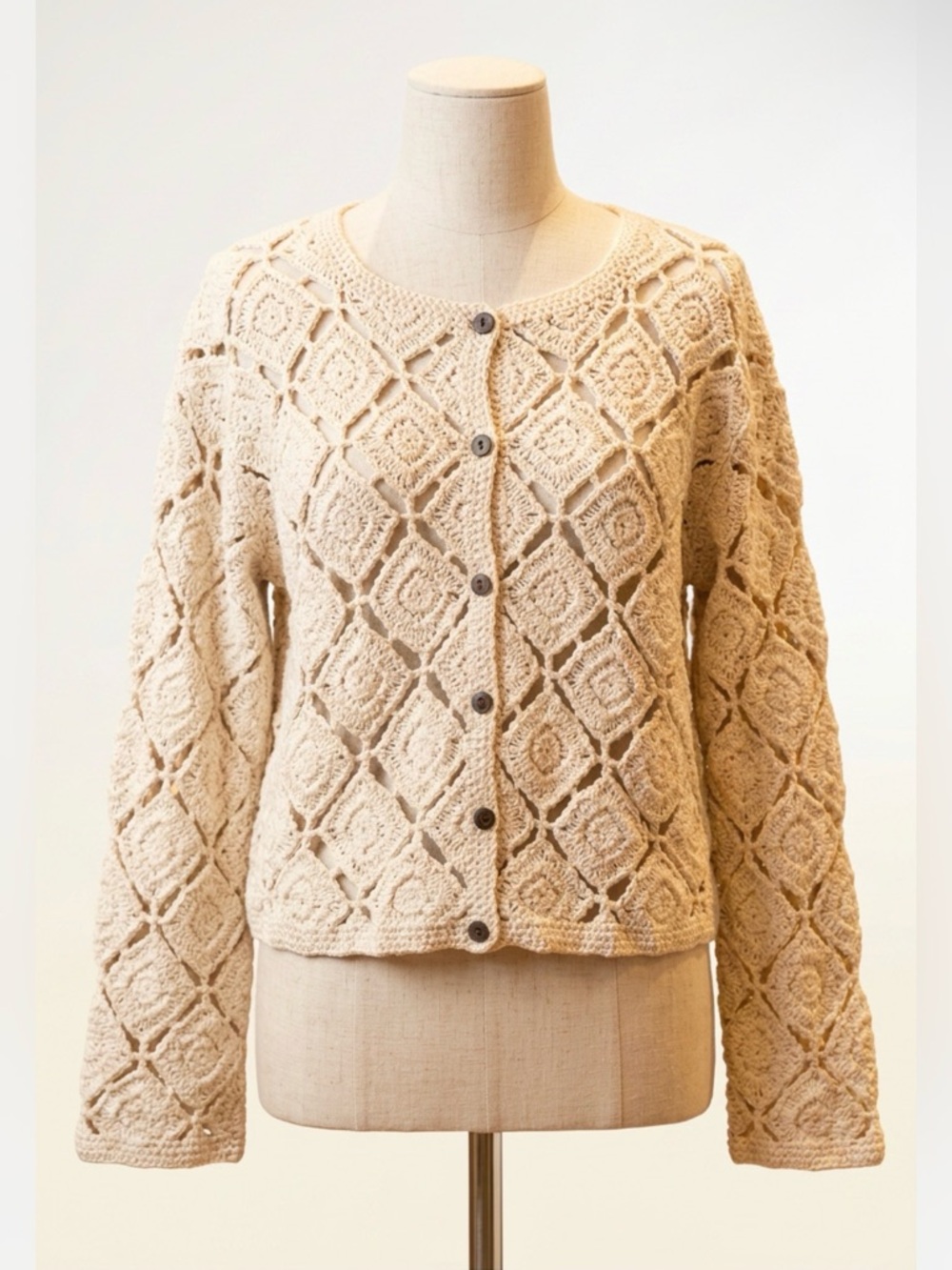 Studio B by Bobeau Crochet Knit Cotton Cardigan Cream Boho Grandmacore XL